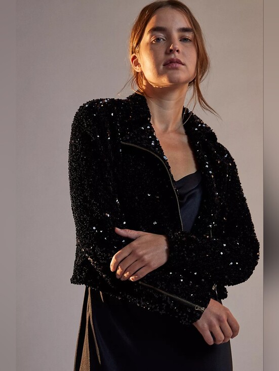 Maeve Jackets & Blazers - Maeve Anthropologie Malia Black Sequined MOTO Jacket In S/P NWT
